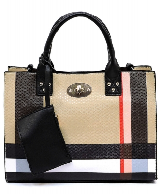 Plaid Check Printed 3-in-1 Satchel Bag BT2703 BLACK